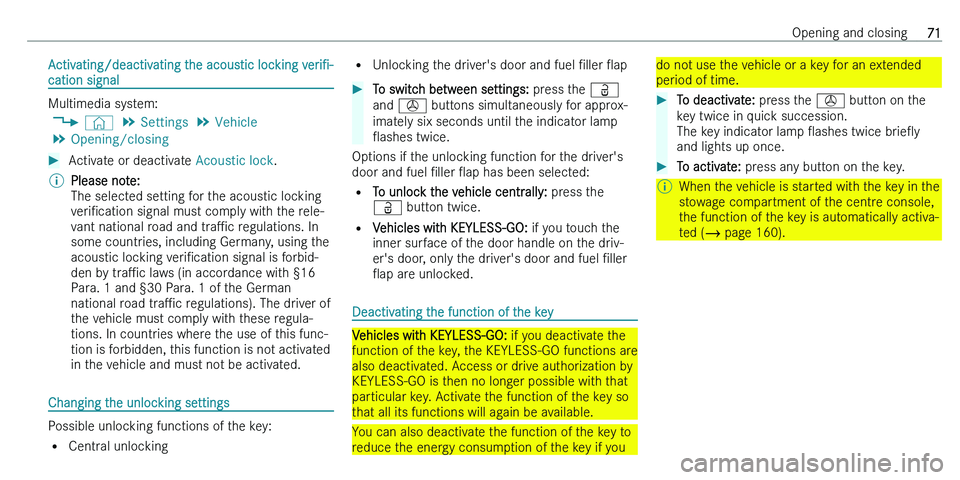 MERCEDES-BENZ C-CLASS ESTATE 2021  Owners Manual �A�c�t�i�v�a�t�i�n�g�/�d�e�a�c�t�i�v�a�t�i�n�g� �t�h�e� �a�c�o�u�s�t�i�c� �l�o�c�k�i�n�g� �v�e�r�iN�-
�c�a�t�i�o�n � �s�i�g�n�a�l
�M�u�l�t�i�m�e�d�i�a� �s�y�s�t�e�m�:
�4 �©� �5
�S�e�t�t�i�n�g�s � �5