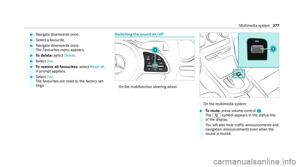 MERCEDES-BENZ C-CLASS ESTATE 2020  Owners Manual #
Navigate down wards once. #
Select a favo urite. #
Navigate down wards once.
The Favourites menu appears. #
Todel ete: select Delete. #
Select Yes. #
Toresto reall favo urites: selectReset all.
A pr