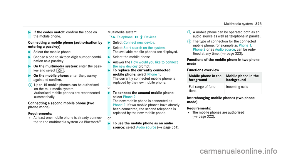 MERCEDES-BENZ C-CLASS ESTATE 2020  Owners Manual #
Ifth e codes match: confirm the code on
th e mobile phone.
Connecting a mobile phone (authorisation by
entering a passk ey) #
Select the mobile phone. #
Choose a one tosixteen-digit number combi‐
