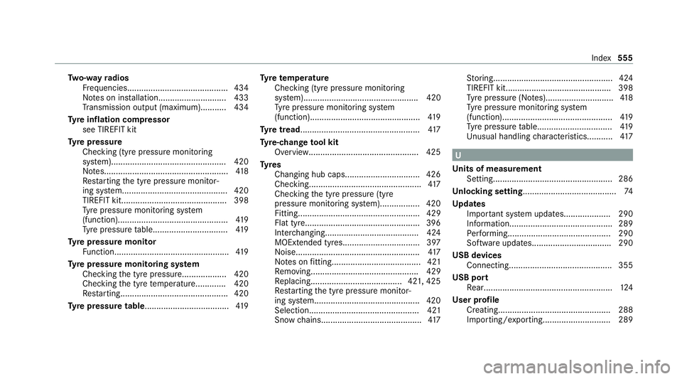 MERCEDES-BENZ C-CLASS ESTATE 2020  Owners Manual Tw
o-w ayradios
Fr equencies........................................... 434
No tes on ins tallation............................ .433
Tr ansmission output (maximum )........... 434
Ty re inflation comp