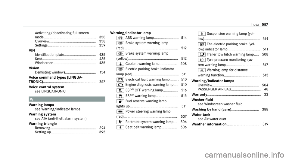 MERCEDES-BENZ C-CLASS ESTATE 2020  Owners Manual Ac
tivating/deactivating full-screen
mode..................................................... 358
Overview.............................................. .358
Settings.................................