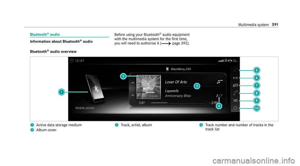 MERCEDES-BENZ C-CLASS ESTATE 2018  Owners Manual Blue
tooth ®
audio Information about Blue
tooth ®
audio Before using
your Blue tooth®
audio equipment
with the multimedia sy stem forth efirs t time,
yo u will need toauthorise it (0013 page 392).
