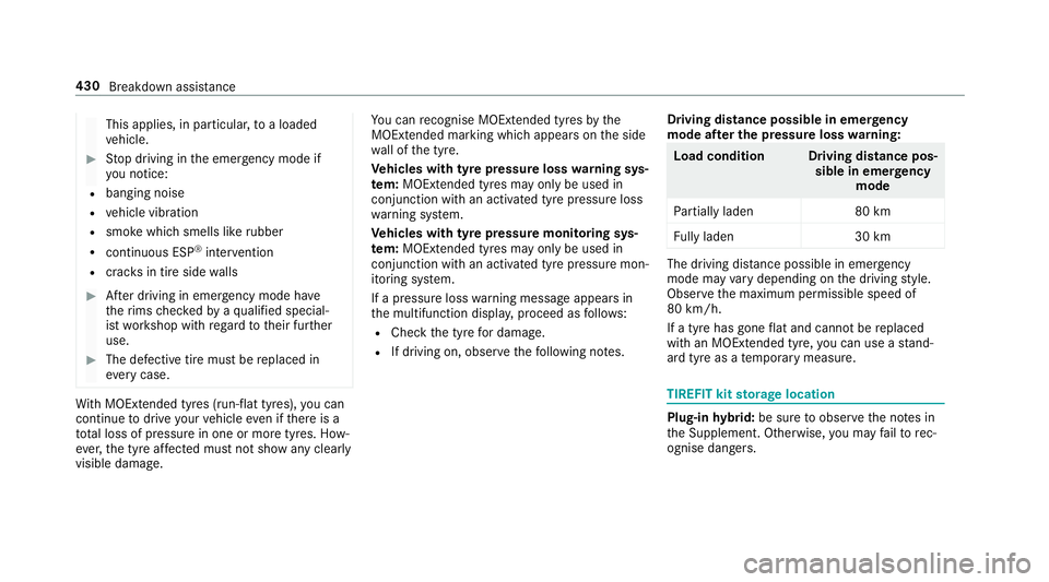 MERCEDES-BENZ C-CLASS ESTATE 2018 Owners Manual This applies, in particular,
toa loaded
ve hicle. 0007
Stop driving in the emer gency mode if
yo u notice:
R banging noise
R vehicle vibration
R smoke which smells like rubber
R continuous ESP ®
inte MERCEDES-BENZ C-CLASS ESTATE 2018 Owners Manual This applies, in particular,
toa loaded
ve hicle. 0007
Stop driving in the emer gency mode if
yo u notice:
R banging noise
R vehicle vibration
R smoke which smells like rubber
R continuous ESP ®
inte