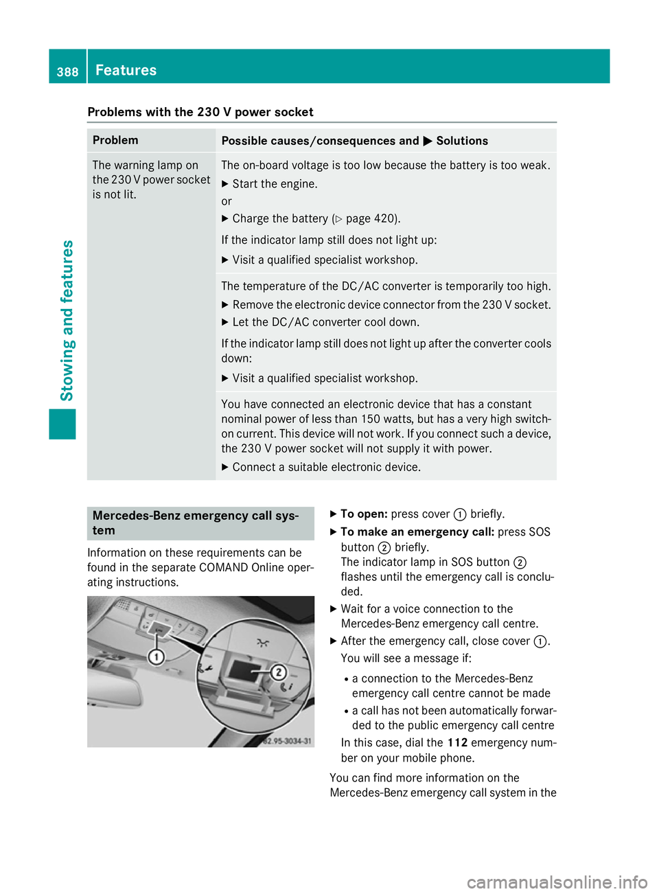 MERCEDES-BENZ C-CLASS ESTATE 2014 Owners Manual Problems with the 230 V power socket
Problem
Possible causes/consequences and
M
MSolutions The warning lamp on
the 230 V power socket
is not lit. The on-board voltage is too low because the battery is MERCEDES-BENZ C-CLASS ESTATE 2014 Owners Manual Problems with the 230 V power socket
Problem
Possible causes/consequences and
M
MSolutions The warning lamp on
the 230 V power socket
is not lit. The on-board voltage is too low because the battery is