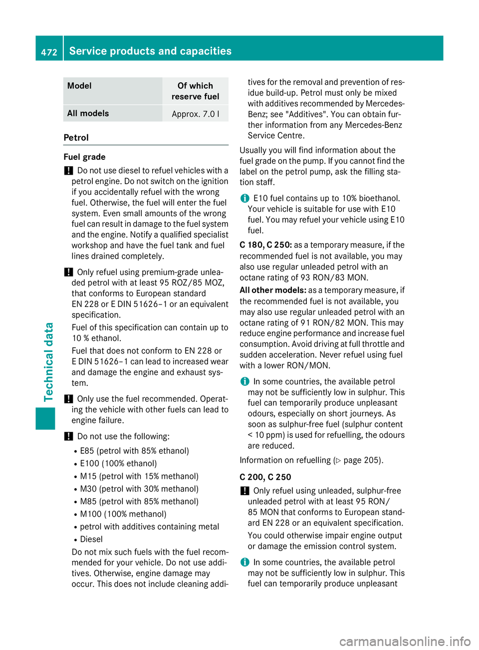 MERCEDES-BENZ C-CLASS ESTATE 2014 Owners Manual Model Of which
reserve fuel All models
Approx. 7.0 l
Petrol
Fuel grade
! Do not use diesel to refuel vehicles with a
petrol engine. Do not switch on the ignition if you accidentally refuel with the wr MERCEDES-BENZ C-CLASS ESTATE 2014 Owners Manual Model Of which
reserve fuel All models
Approx. 7.0 l
Petrol
Fuel grade
! Do not use diesel to refuel vehicles with a
petrol engine. Do not switch on the ignition if you accidentally refuel with the wr