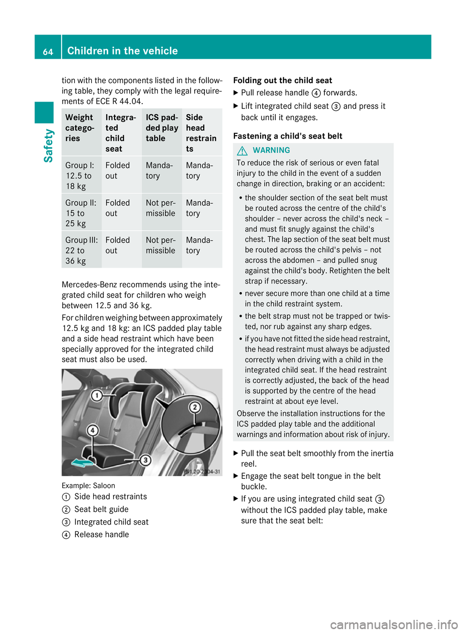MERCEDES-BENZ C-CLASS ESTATE 2011 Owners Manual tio
nw ith the component slisted in the follow-
ing table, they comply with the legal require-
ments of ECE R 44.04. Weight
catego-
ries Integra-
ted
child
seat ICS pad-
ded play
table Side
head
restr MERCEDES-BENZ C-CLASS ESTATE 2011 Owners Manual tio
nw ith the component slisted in the follow-
ing table, they comply with the legal require-
ments of ECE R 44.04. Weight
catego-
ries Integra-
ted
child
seat ICS pad-
ded play
table Side
head
restr
