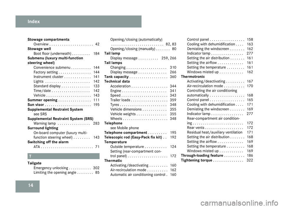 MERCEDES-BENZ C-CLASS ESTATE 2007  Owners Manual 14
Stowage compartment
s
Overview . . . . . . . . . . . . . . . . . . . . .42
Stowage well
Boot floor (underneath) . . . . . . . . .184
Submenu (luxury multi-function
steering wheel)
Convenience subme