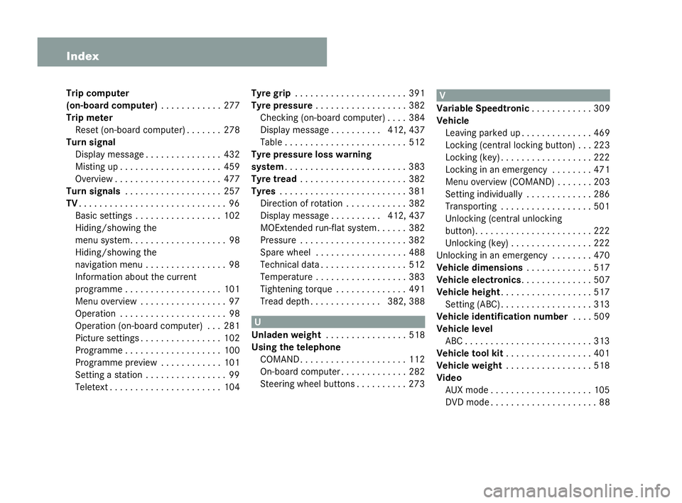 MERCEDES-BENZ CL COUPE 2006 Owners Manual 16 Index
Trip
comp uter
(o n-boar dcomp uter) ..... . . . . . . .277
Trip meter
Re set (on-bo ardco mp uter) . . . . . . .278
Tur nsignal
Dis play messag e.. . . .... . . . . . . .432
Misti ngup . . . MERCEDES-BENZ CL COUPE 2006 Owners Manual 16 Index
Trip
comp uter
(o n-boar dcomp uter) ..... . . . . . . .277
Trip meter
Re set (on-bo ardco mp uter) . . . . . . .278
Tur nsignal
Dis play messag e.. . . .... . . . . . . .432
Misti ngup . . .