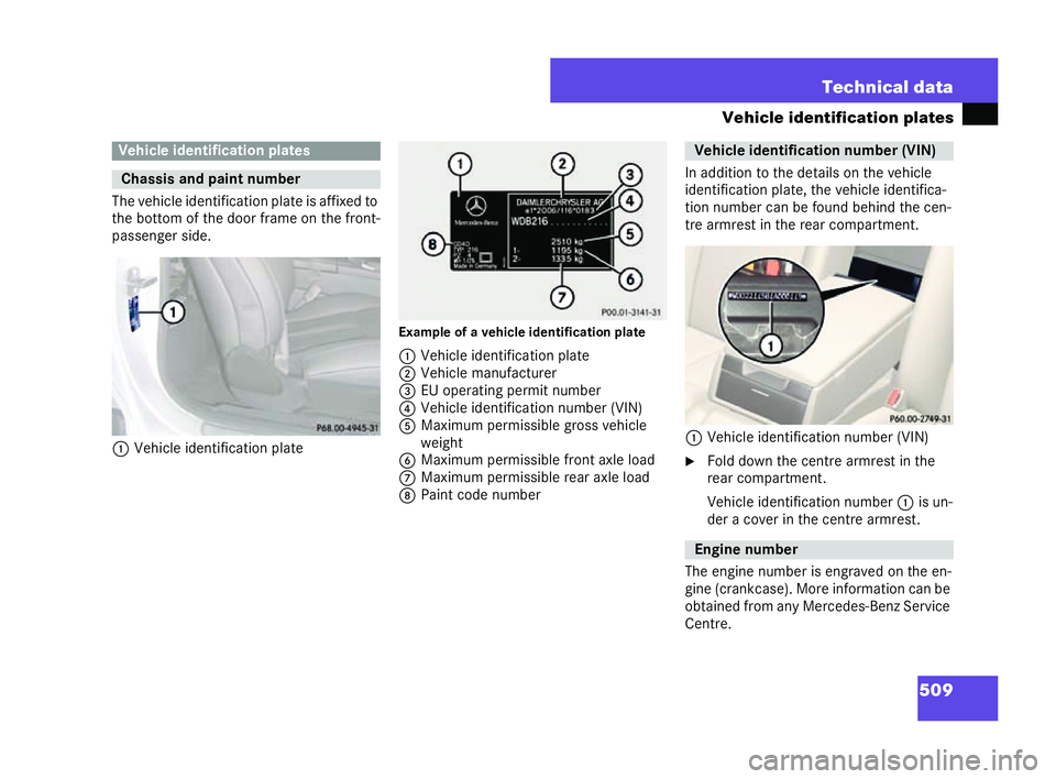 MERCEDES-BENZ CL COUPE 2006 Owners Manual 509
Technical da
ta
Vehicle ident ificatio npla tes
Th eve hicle identificati onplat eis affixe dto
the bottom of the door fram e on the front-
passen gerside.
1 Vehicle identifi cation plate Example MERCEDES-BENZ CL COUPE 2006 Owners Manual 509
Technical da
ta
Vehicle ident ificatio npla tes
Th eve hicle identificati onplat eis affixe dto
the bottom of the door fram e on the front-
passen gerside.
1 Vehicle identifi cation plate Example