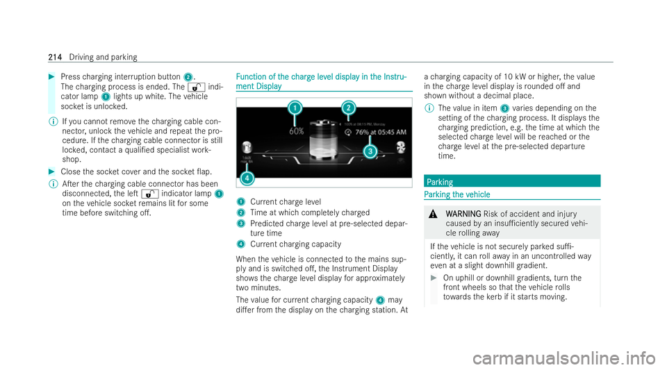 MERCEDES-BENZ CLA SHOOTING BRAKE 2021 Owners Manual #
Press charging inter ruption button 2.
The charging process is ended. The %indi-
cator lamp 1lights up white. The vehicle
soc ket is unloc ked.
% Ifyo u cannot remo vethech arging cable con-
nector, MERCEDES-BENZ CLA SHOOTING BRAKE 2021 Owners Manual #
Press charging inter ruption button 2.
The charging process is ended. The %indi-
cator lamp 1lights up white. The vehicle
soc ket is unloc ked.
% Ifyo u cannot remo vethech arging cable con-
nector,
