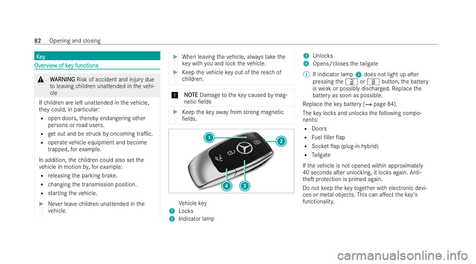 MERCEDES-BENZ CLA SHOOTING BRAKE 2021  Owners Manual K
K
e
ey
y Ov
Ov
er
ervie
vie w of ke
w of key functions
y functions &
W
WARNING
ARNING Risk of accident and inju rydue
to leaving children unattended in theve hi-
cle
If ch ildren are leT unattended