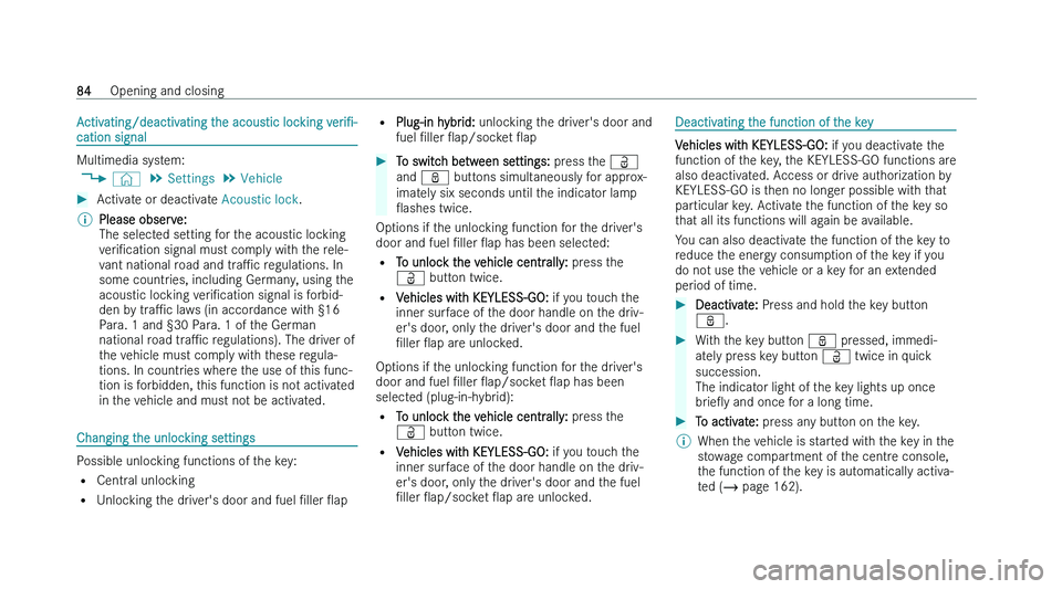 MERCEDES-BENZ CLA COUPE 2022  Owners Manual �A�c�t�i�v�a�t�i�n�g�/�d�e�a�c�t�i�v�a�t�i�n�g� �t�h�e� �a�c�o�u�s�t�i�c� �l�o�c�k�i�n�g� 
�v �e�r�iN�-
�c�a�t�i�o�n � �s�i�g�n�a�l �M�u�l�t�i�m�e�d�i�a� �s�y�s�t�e�m�:
�4 �©�  �5
�S�e�t�t�i�n�g�s �