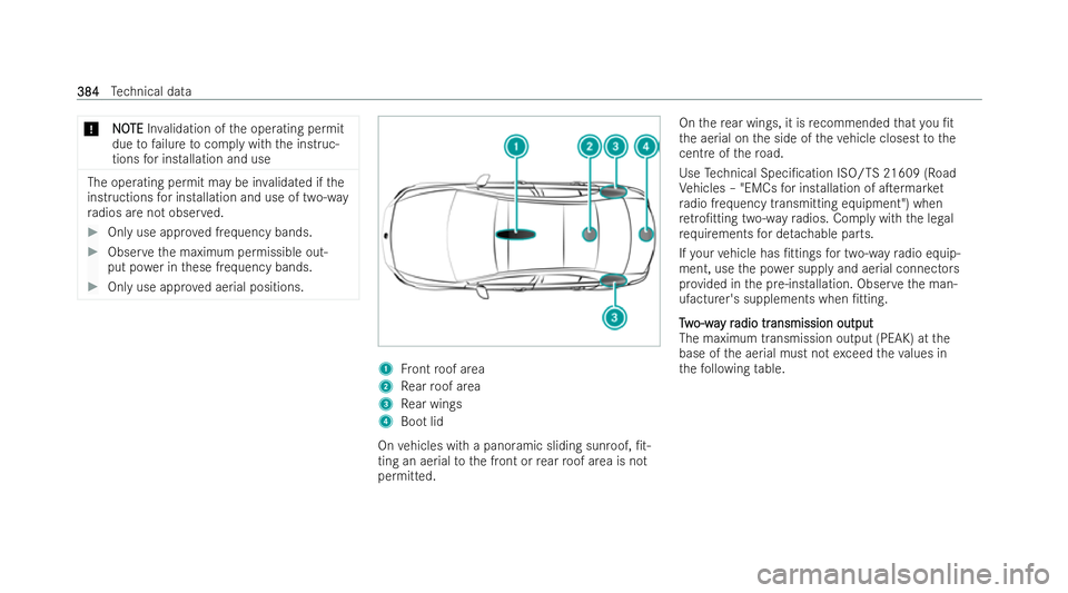 MERCEDES-BENZ CLA COUPE 2021 Owners Manual *
N
NO
OTE
TE Inva lidation of the operating permit
due tofailure tocomply with the inst ruc-
tions for installation and use The operating permit may be in
validated if the
inst ructions for installat MERCEDES-BENZ CLA COUPE 2021 Owners Manual *
N
NO
OTE
TE Inva lidation of the operating permit
due tofailure tocomply with the inst ruc-
tions for installation and use The operating permit may be in
validated if the
inst ructions for installat