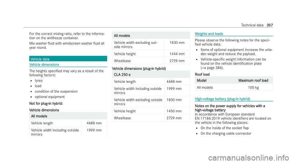MERCEDES-BENZ CLA COUPE 2021  Owners Manual Fo
rth e cor rect mixing ratio, referto the informa-
tion on the antifreeze container.
Mix washer 0uid with windscreen washer 0uid all
ye ar round. V
V
ehicle data
ehicle data V
V
ehicle dimensions
