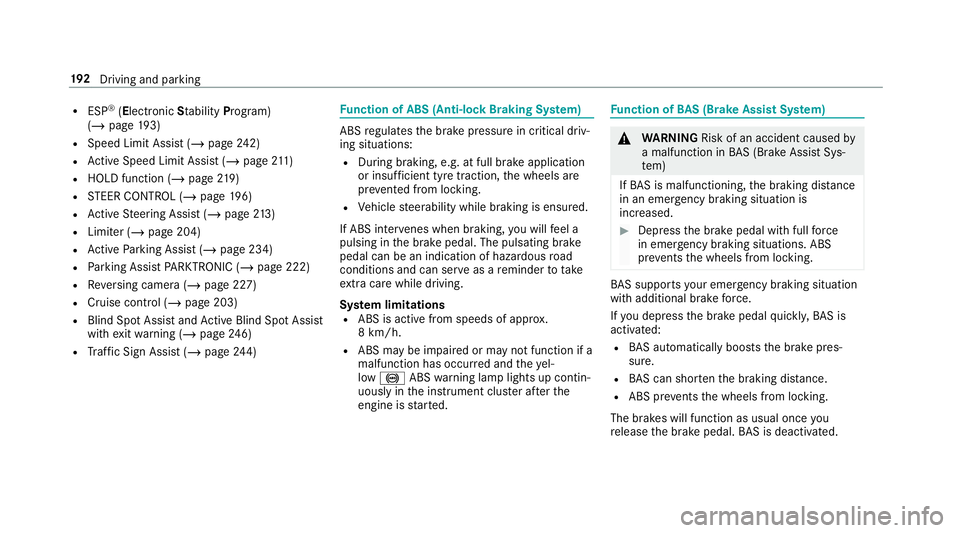 MERCEDES-BENZ CLA COUPE 2019 Owners Manual R
ESP ®
(E lectronic Stability Program)
(/ page 193)
R Speed Limit Assi st (/ page 242)
R Active Speed Limit Assi st (/ page 211)
R HOLD function (/ page219)
R STEER CONTROL (/ page 196)
R Active Ste MERCEDES-BENZ CLA COUPE 2019 Owners Manual R
ESP ®
(E lectronic Stability Program)
(/ page 193)
R Speed Limit Assi st (/ page 242)
R Active Speed Limit Assi st (/ page 211)
R HOLD function (/ page219)
R STEER CONTROL (/ page 196)
R Active Ste