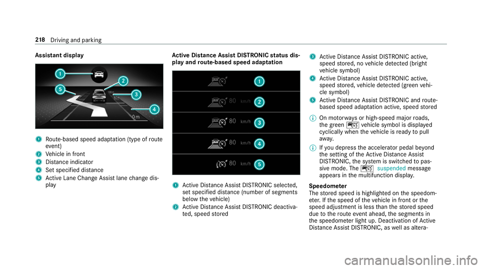 MERCEDES-BENZ CLA COUPE 2019 Owners Manual Assistant display
1
Route-based speed adap tation (type of route
eve nt)
2 Vehicle in front
3 Distance indica tor
4 Set specified di stance
5 Active Lane Change Assi stlane change dis‐
play Ac
tive MERCEDES-BENZ CLA COUPE 2019 Owners Manual Assistant display
1
Route-based speed adap tation (type of route
eve nt)
2 Vehicle in front
3 Distance indica tor
4 Set specified di stance
5 Active Lane Change Assi stlane change dis‐
play Ac
tive