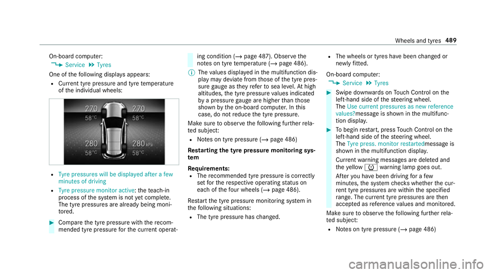 MERCEDES-BENZ CLA COUPE 2019 Owners Manual On-board computer:
4 Service 5
Tyres
One of thefo llowing displa ysappears:
R Cur rent tyre pressure and tyre temp erature
of the individual wheels: R
Tyre pressures will be displayed after a few
minu MERCEDES-BENZ CLA COUPE 2019 Owners Manual On-board computer:
4 Service 5
Tyres
One of thefo llowing displa ysappears:
R Cur rent tyre pressure and tyre temp erature
of the individual wheels: R
Tyre pressures will be displayed after a few
minu