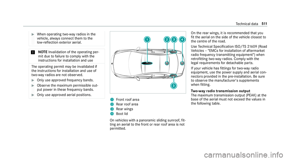 MERCEDES-BENZ CLA COUPE 2019 Owners Manual #
When operating two-w ayradios in the
ve hicle, alw ays connect them tothe
lo w- reflection exterior aerial. *
NO
TEInva lidation of the operating per‐
mit due tofailure tocomply wi th the
instruct MERCEDES-BENZ CLA COUPE 2019 Owners Manual #
When operating two-w ayradios in the
ve hicle, alw ays connect them tothe
lo w- reflection exterior aerial. *
NO
TEInva lidation of the operating per‐
mit due tofailure tocomply wi th the
instruct