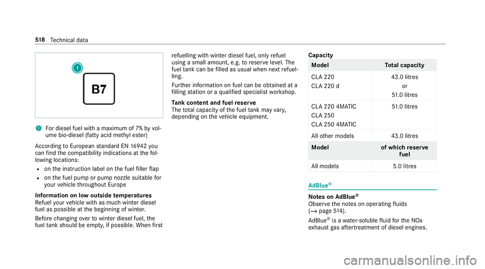 MERCEDES-BENZ CLA COUPE 2019 Owners Manual 1
For diesel fuel with a maximum of 7% byvol‐
ume bio-diesel (fatty acid me thyl es ter)
Ac cording toEuropean standard EN 1694 2you
can find the compatibility indications at thefo l‐
lowing locat MERCEDES-BENZ CLA COUPE 2019 Owners Manual 1
For diesel fuel with a maximum of 7% byvol‐
ume bio-diesel (fatty acid me thyl es ter)
Ac cording toEuropean standard EN 1694 2you
can find the compatibility indications at thefo l‐
lowing locat