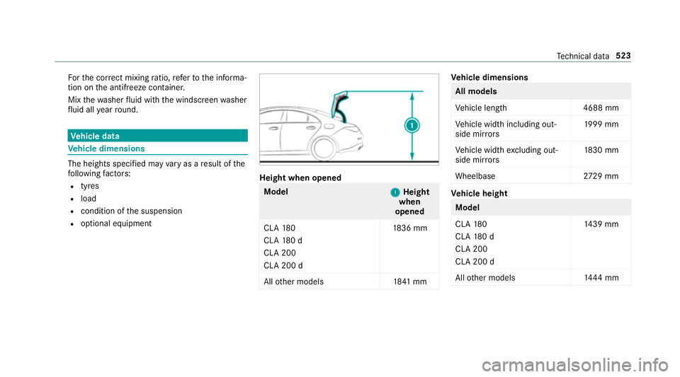 MERCEDES-BENZ CLA COUPE 2019  Owners Manual Fo
rth e cor rect mixing ratio, referto the informa‐
tion on the antif reeze conta iner.
Mix thewa sher fluid with the windscreen washer
fl uid all year round. Ve
hicle data Ve
hicle dimensions The 