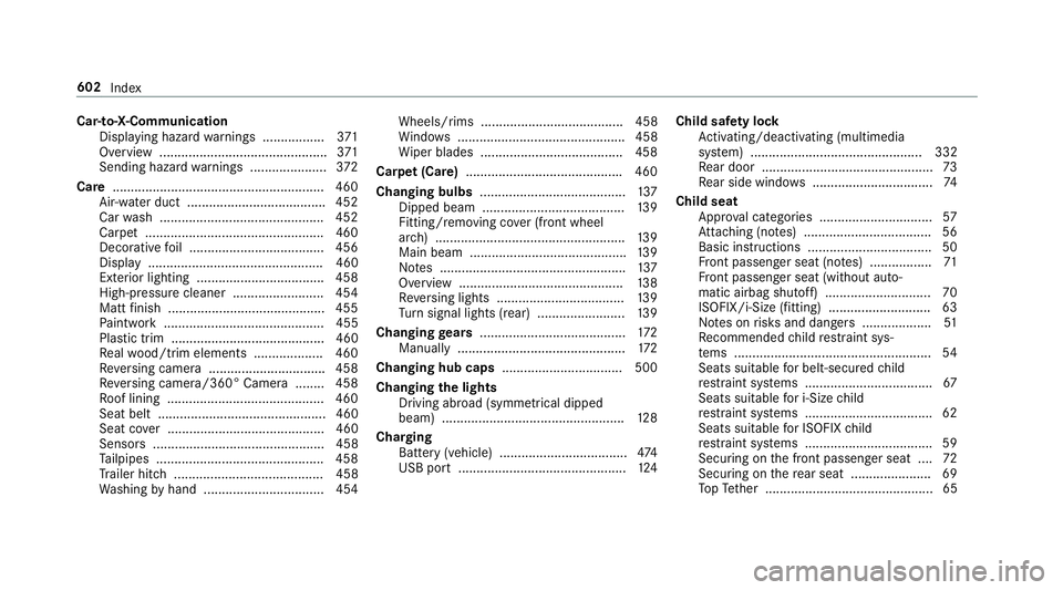MERCEDES-BENZ CLA COUPE 2019 Owners Manual Car-to-X-Communication
Displaying hazard warnings ................ .371
Overview ..............................................3 71
Sending hazard warnings .................... .372
Care ............. MERCEDES-BENZ CLA COUPE 2019 Owners Manual Car-to-X-Communication
Displaying hazard warnings ................ .371
Overview ..............................................3 71
Sending hazard warnings .................... .372
Care .............