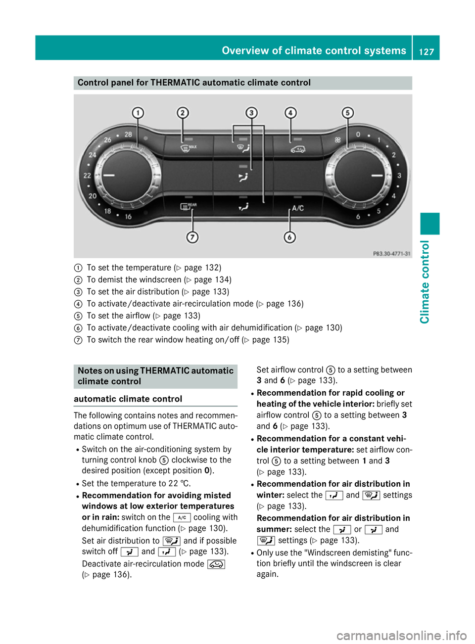 MERCEDES-BENZ CLA COUPE 2013 Owners Manual Control panel for THERMATIC automatic climate control
:
To set the temperature (Y page 132)
; To demist the windscreen (Y page 134)
= To set the air distribution (Y page 133)
? To activate/deactivate MERCEDES-BENZ CLA COUPE 2013 Owners Manual Control panel for THERMATIC automatic climate control
:
To set the temperature (Y page 132)
; To demist the windscreen (Y page 134)
= To set the air distribution (Y page 133)
? To activate/deactivate