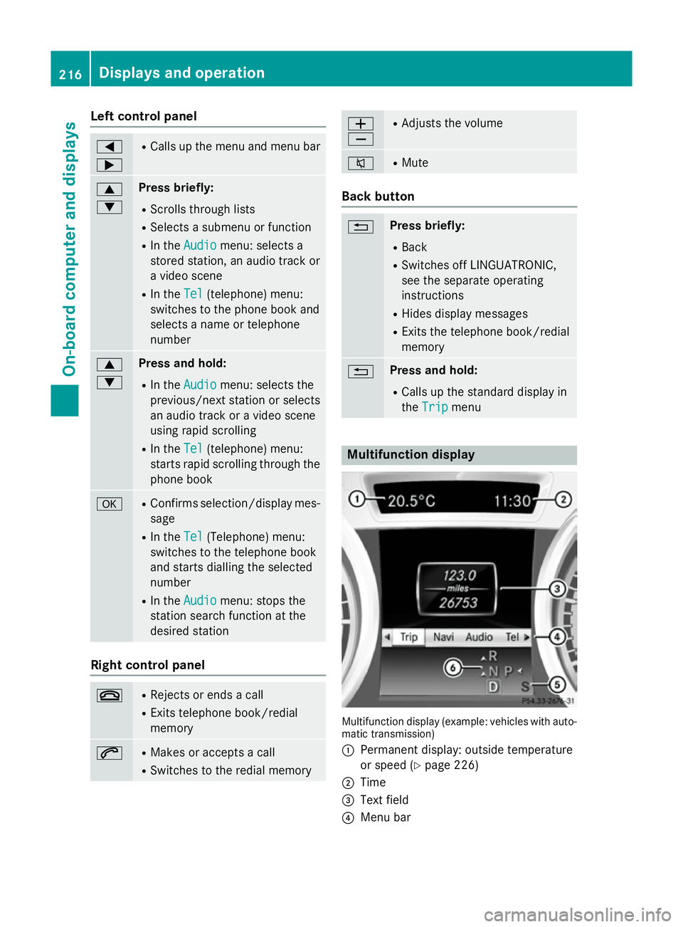 MERCEDES-BENZ CLA COUPE 2013 Owners Manual Left control panel
=
; R
Calls up the menu and menu bar 9
: Press briefly:
R Scrolls through lists
R Selects a submenu or function
R In the Audio Audio menu: selects a
stored station, an audio track o MERCEDES-BENZ CLA COUPE 2013 Owners Manual Left control panel
=
; R
Calls up the menu and menu bar 9
: Press briefly:
R Scrolls through lists
R Selects a submenu or function
R In the Audio Audio menu: selects a
stored station, an audio track o