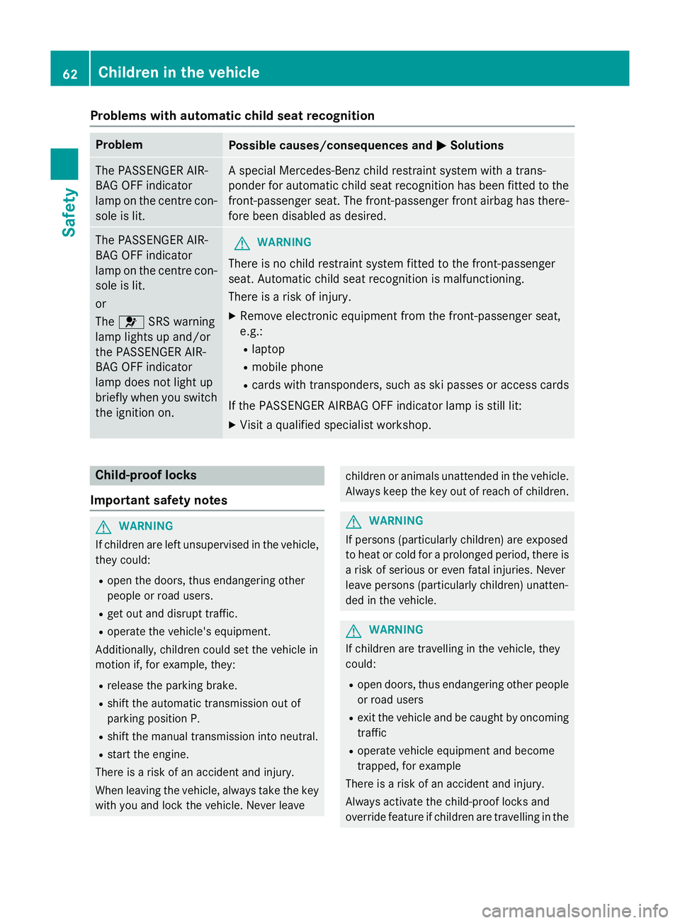 MERCEDES-BENZ CLA COUPE 2013 Owners Manual Problems with automatic child seat recognition
Problem
Possible causes/consequences and
M
MSolutions The PASSENGER AIR-
BAG OFF indicator
lamp on the centre con-
sole is lit. A special Mercedes-Benz c MERCEDES-BENZ CLA COUPE 2013 Owners Manual Problems with automatic child seat recognition
Problem
Possible causes/consequences and
M
MSolutions The PASSENGER AIR-
BAG OFF indicator
lamp on the centre con-
sole is lit. A special Mercedes-Benz c