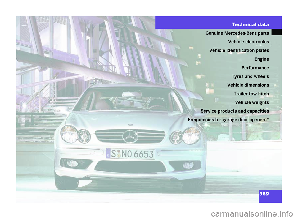 MERCEDES-BENZ CLK COUPE 2004  Owners Manual 389
Te
chnical data
Genuine Mercedes-Benz parts
Vehicle electronics
Vehicle identification plates Engine
Perfo rmance
Tyres and wheels
Vehicle dimensions Trailer tow hitch
Vehicle weights
Service prod