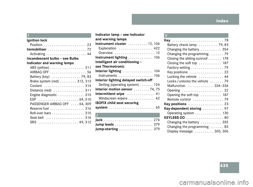 MERCEDES-BENZ CLK COUPE 2004  Owners Manual 435
Index I
Ignition lock Po sition . . . ..... . . ..... . . . ....23
Immobiliser .. . . . . . . .. . . . . . . .. ..72
Ac tivat ing. ..... . . . ..... . . . ....44
Incand escent bulbs – see Bulbs

