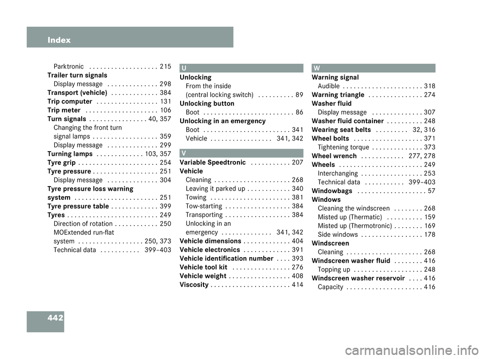 MERCEDES-BENZ CLK COUPE 2004  Owners Manual 442 Index
Pa rktronic . . ..... . . ..... . . . ..215
Trailer turn signals Display messag e.. . . . .... . . . ..298
Transport (vehicle) . . . ..... . . . ..384
Trip computer . . . .. . . .. . . . . .