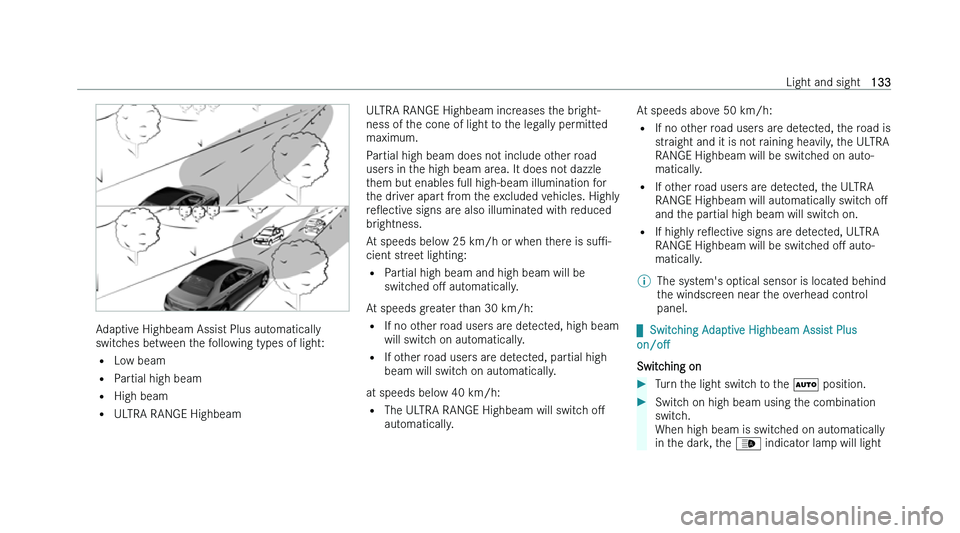 MERCEDES-BENZ CLS COUPE 2022  Owners Manual �A�d�a�p�t�i�v�e� �H�i�g�h�b�e�a�m� �A�s�s�i�s�t� �P�l�u�s� �a�u�t�o�m�a�t�i�c�a�l�l�y
�s�w�i�t�c
�h�e�s� �b�e�t�w�e�e�n� �t�h�e� �f�o�l�l�o�w�i�n�g� �t�y�p�e�s� �o�f� �l�i�g�h�t�:
�= �L�o�w� �b�e�a�m