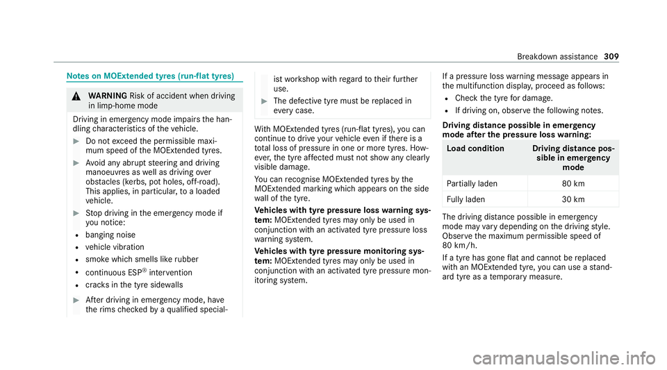 MERCEDES-BENZ CLS COUPE 2020 Owners Manual Note
s on MOExtended tyres (run-flat tyres) &
WARNING Risk of accident when driving
in li mp-home mode
Driving in emergency mode impairs the han‐
dling characteristics of theve hicle. #
Do not excee MERCEDES-BENZ CLS COUPE 2020 Owners Manual Note
s on MOExtended tyres (run-flat tyres) &
WARNING Risk of accident when driving
in li mp-home mode
Driving in emergency mode impairs the han‐
dling characteristics of theve hicle. #
Do not excee