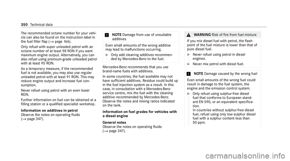 MERCEDES-BENZ CLS COUPE 2020 Owners Manual The
recommended octane number foryo ur vehi‐
cle can also be found on the instruction label in
th e fuel filler flap (/ page166).
On lyrefuel with super unleaded petrol with an
octane number of at l MERCEDES-BENZ CLS COUPE 2020 Owners Manual The
recommended octane number foryo ur vehi‐
cle can also be found on the instruction label in
th e fuel filler flap (/ page166).
On lyrefuel with super unleaded petrol with an
octane number of at l