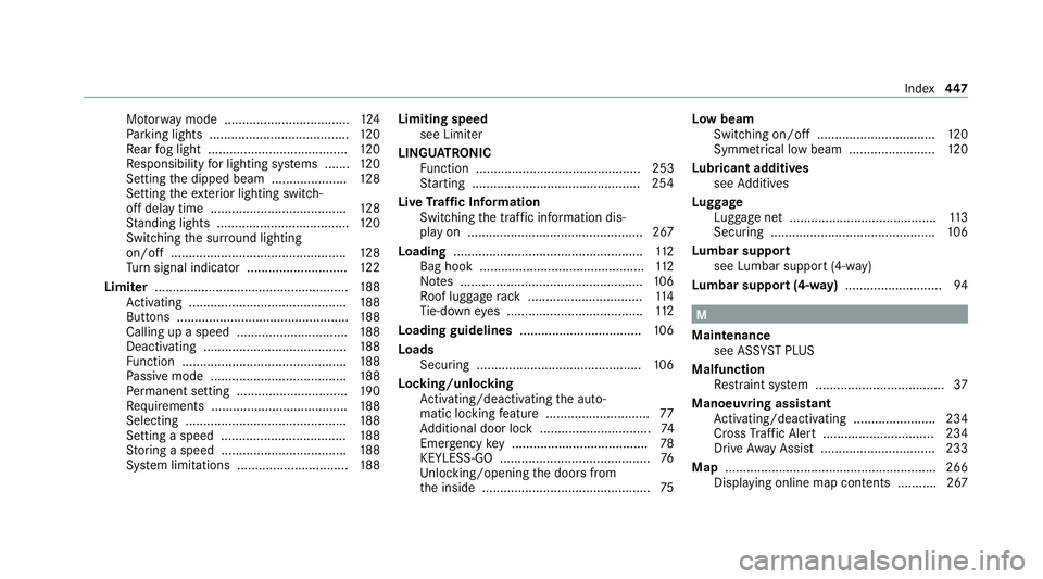 MERCEDES-BENZ CLS COUPE 2020  Owners Manual Mo
torw ay mode ................................... 124
Pa rking lights ...................................... .120
Re ar fog light ....................................... 12 0
Re sponsibility for lig