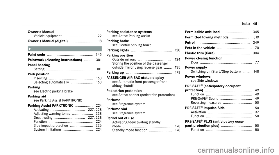 MERCEDES-BENZ CLS COUPE 2020  Owners Manual Owner's Manual
Vehicle equipment ................................. 22
Owner's Manual (digital) ...........................18 P
Pa int code ................................................ 345
