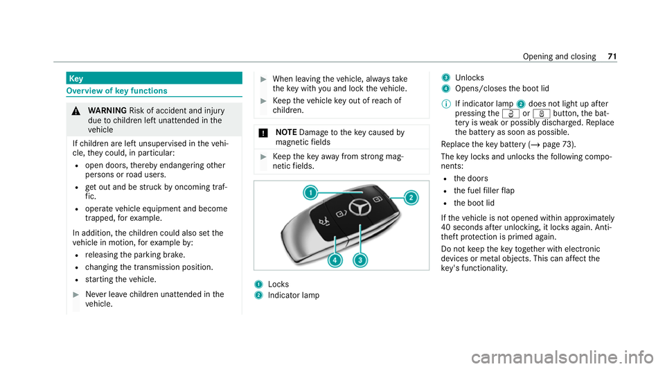 MERCEDES-BENZ CLS COUPE 2020 Owners Manual Key
Overview of
key functions &
WARNING Risk of accident and inju ry
due tochildren left unat tended in the
ve hicle
If ch ildren are left unsupervised in theve hi‐
cle, they could, in pa rticular:
MERCEDES-BENZ CLS COUPE 2020 Owners Manual Key
Overview of
key functions &
WARNING Risk of accident and inju ry
due tochildren left unat tended in the
ve hicle
If ch ildren are left unsupervised in theve hi‐
cle, they could, in pa rticular: