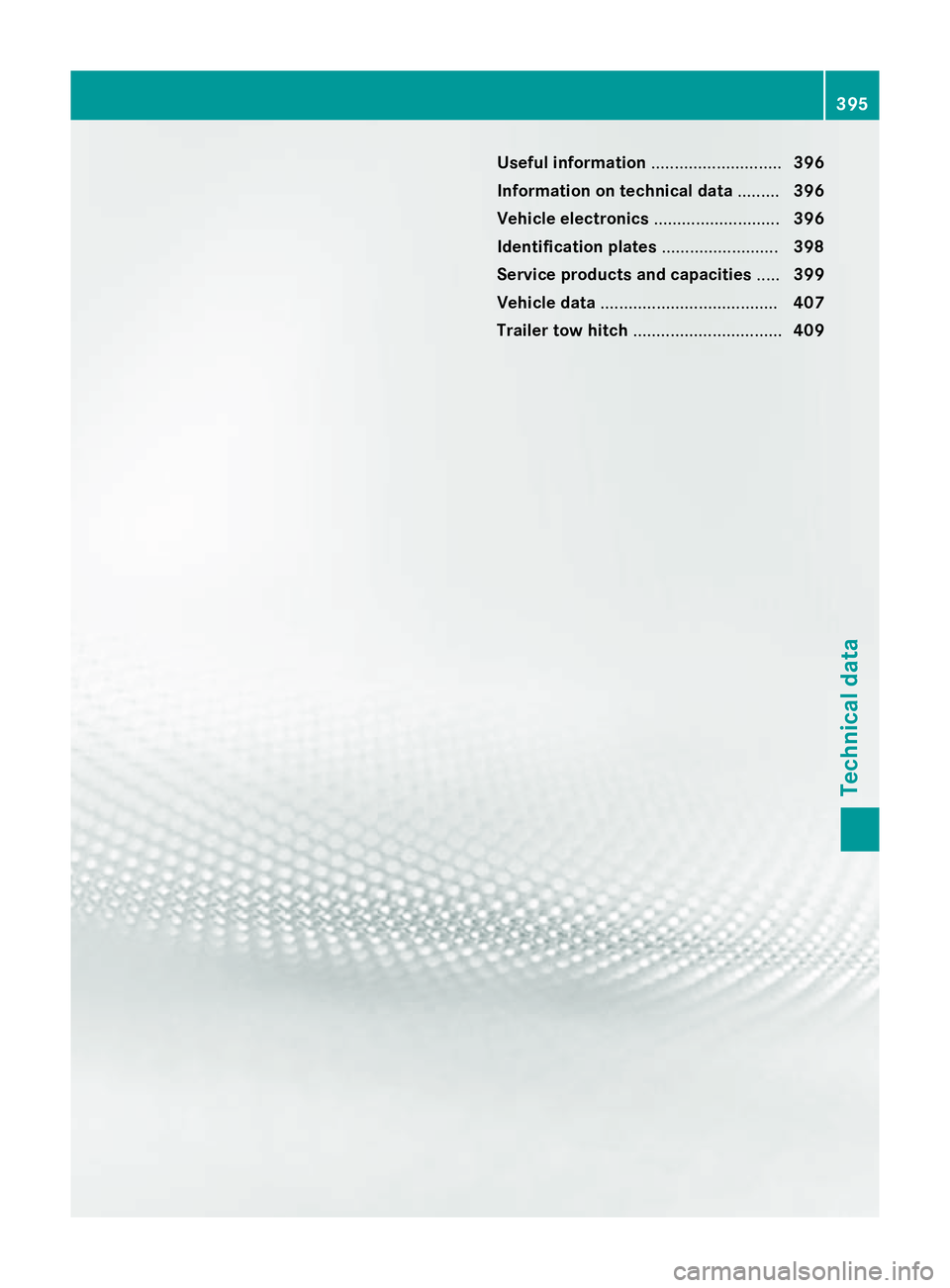 MERCEDES-BENZ CLS COUPE 2014  Owners Manual Useful information
............................396
Information on technical data .........396
Vehicle electronics ...........................396
Identification plates .........................398
Serv