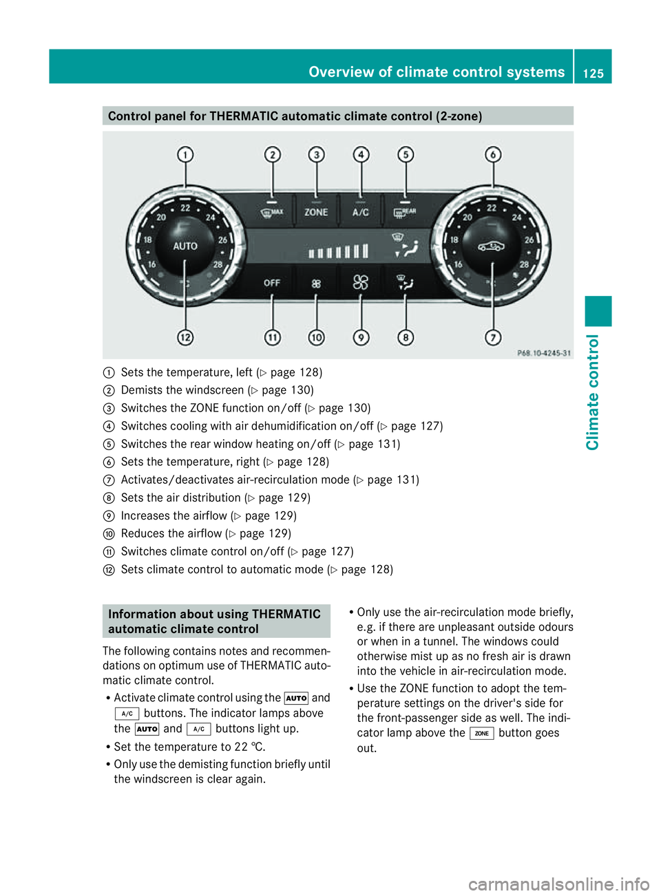 MERCEDES-BENZ CLS COUPE 2012  Owners Manual Control panel for THERMATIC automatic climat
econtrol (2-zone) :
Setsthe temperature, left (Y page 128)
; Demists th ewindscree n(Ypage 130)
= Switches th eZONE function on/of f(Y page 130)
? Switches