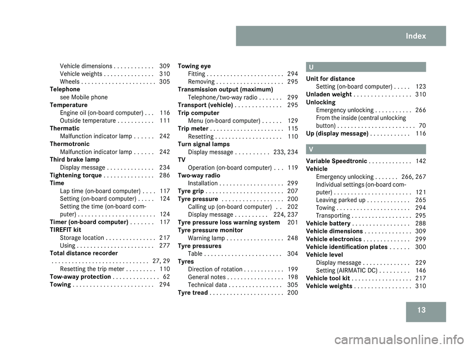 MERCEDES-BENZ CLS COUPE 2008 Owners Manual 13
Vehicle dimensions
. . . . . . . . . . . . 309
Vehicle weights . . . . . . . . . . . . . . . 310
Wheels . . . . . . . . . . . . . . . . . . . . . . 305
Telephone
see Mobile phone MERCEDES-BENZ CLS COUPE 2008 Owners Manual 13
Vehicle dimensions
. . . . . . . . . . . . 309
Vehicle weights . . . . . . . . . . . . . . . 310
Wheels . . . . . . . . . . . . . . . . . . . . . . 305
Telephone
see Mobile phone