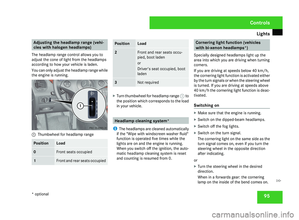 MERCEDES-BENZ CLS COUPE 2008 Owners Manual Lights
95Adjusting the headlamp range (vehi-
cles with halogen headlamps)
The headlamp range control allows you to
adjust the cone of light from the headlamps
according to how your vehicle is laden.
Y MERCEDES-BENZ CLS COUPE 2008 Owners Manual Lights
95Adjusting the headlamp range (vehi-
cles with halogen headlamps)
The headlamp range control allows you to
adjust the cone of light from the headlamps
according to how your vehicle is laden.
Y