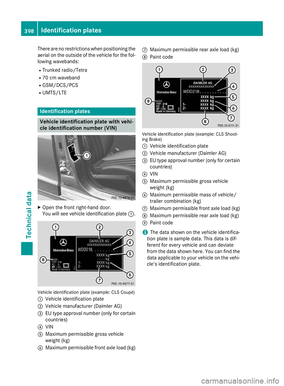MERCEDES-BENZ CLS SHOOTING BRAKE 2014  Owners Manual There are no restrictions when positioning the
aerial on the outside of the vehicle for the fol-
lowing wavebands:
R Trunked radio/Tetra
R 70 cm waveband
R GSM/DCS/PCS
R UMTS/LTE Identification plates