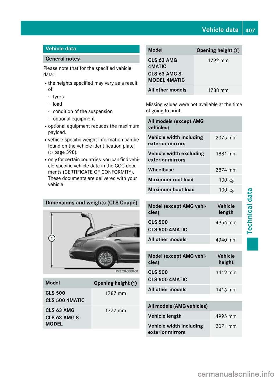 MERCEDES-BENZ CLS SHOOTING BRAKE 2014  Owners Manual Vehicle data
General notes
Please note that for the specified vehicle
data:
R the heights specified may vary as a result
of:
- tyres
- load
- condition of the suspension
- optional equipment
R optiona