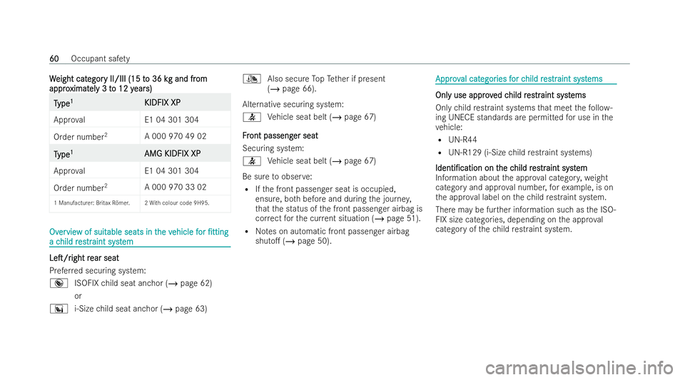MERCEDES-BENZ E-CLASS COUPE 2022  Owners Manual W
W
eight cat
eight cat egor
egory II/III (15 t
y II/III (15 t o 36 k
o 36 kg and frg and fr om
om
appro
appro ximat
ximatel
ely 3 t
y 3 t o 12 y
o 12 y ear
ears)
s) T
T
ype
ype 1
1
KIDFIX XP
KIDFIX X