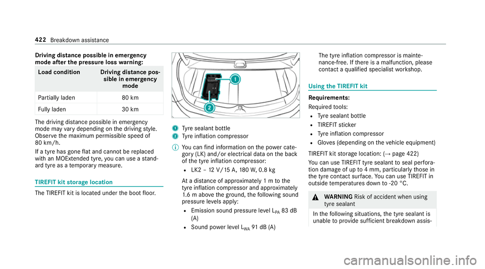 MERCEDES-BENZ E-CLASS COUPE 2018 Owners Manual Driving distance possible in eme
rgency
mode af ter the pressure loss warning: Load condition Driving distance pos‐
sible in emergency
mode
Pa rtially laden 80 km
Fu lly laden 30 kmThe driving dis
t MERCEDES-BENZ E-CLASS COUPE 2018 Owners Manual Driving distance possible in eme
rgency
mode af ter the pressure loss warning: Load condition Driving distance pos‐
sible in emergency
mode
Pa rtially laden 80 km
Fu lly laden 30 kmThe driving dis
t