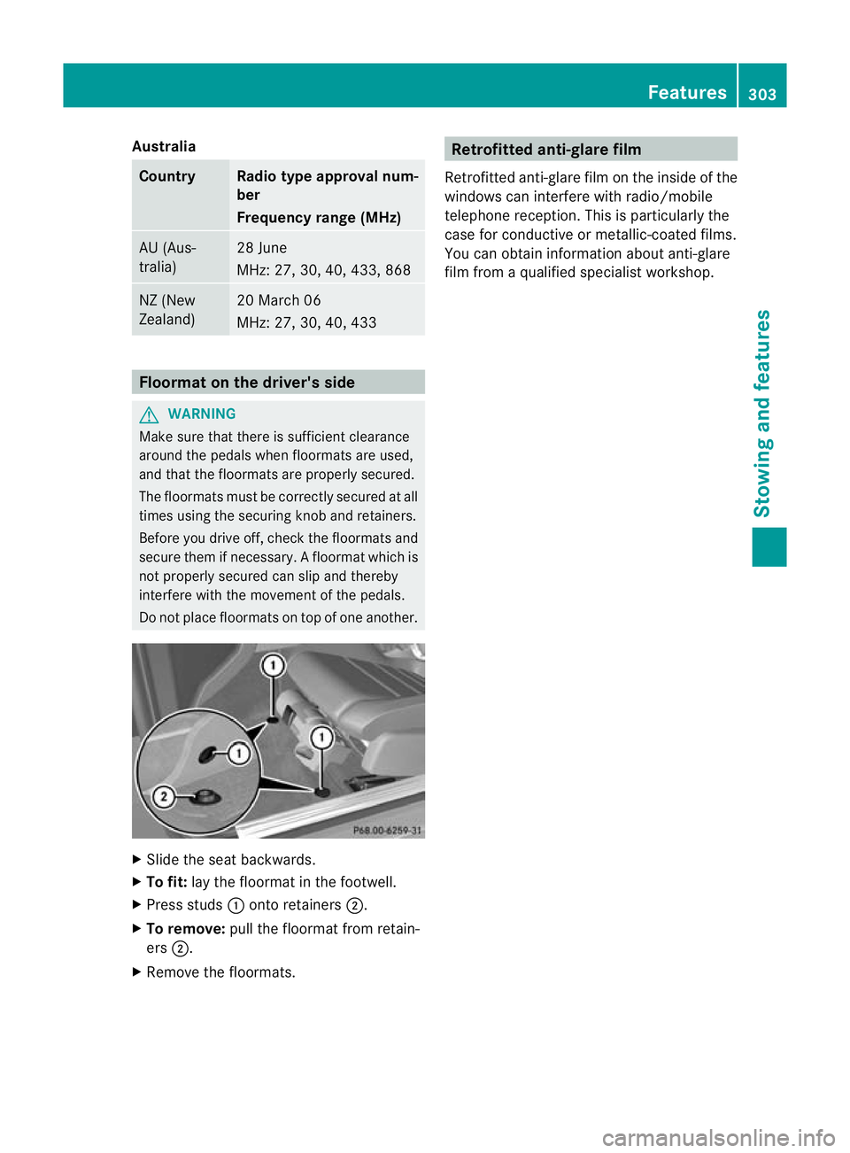 MERCEDES-BENZ E-CLASS COUPE 2012  Owners Manual Australia
Country Radio type approval num-
ber
Frequency range (MHz)
AU (Aus-
tralia) 28 June
MHz: 27, 30, 40
,433, 868 NZ (New
Zealand) 20 March 06
MHz: 27, 30, 40, 433
Floormat on the driver's s
