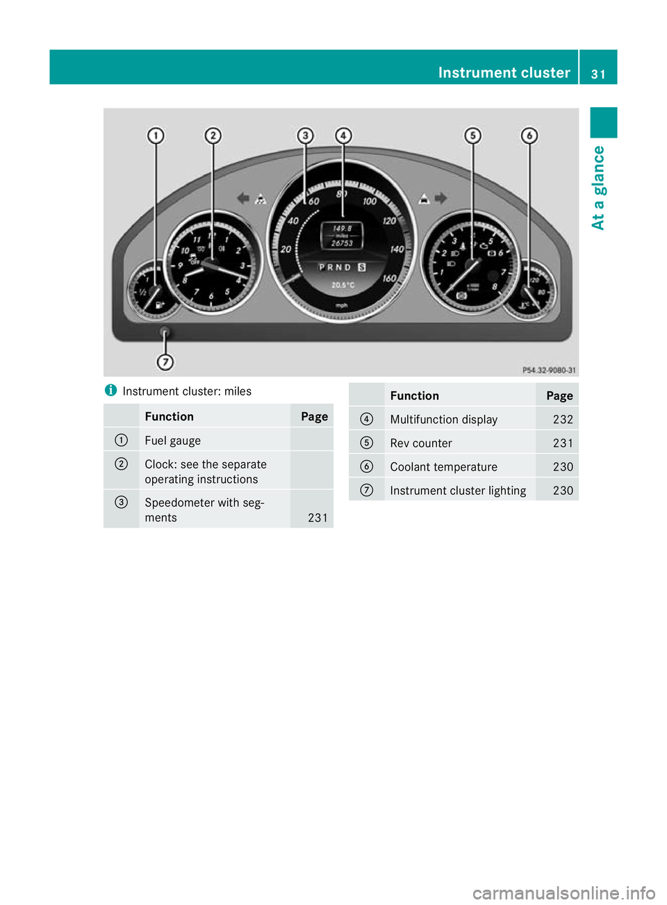 MERCEDES-BENZ E-CLASS COUPE 2012  Owners Manual i
Instrument cluster: miles Function Page
:
Fuel gauge
;
Clock: see the separate
operating instructions
=
Speedometer with seg-
ments
231 Function Page
?
Multifunction display 232
A
Rev counter 231
B

