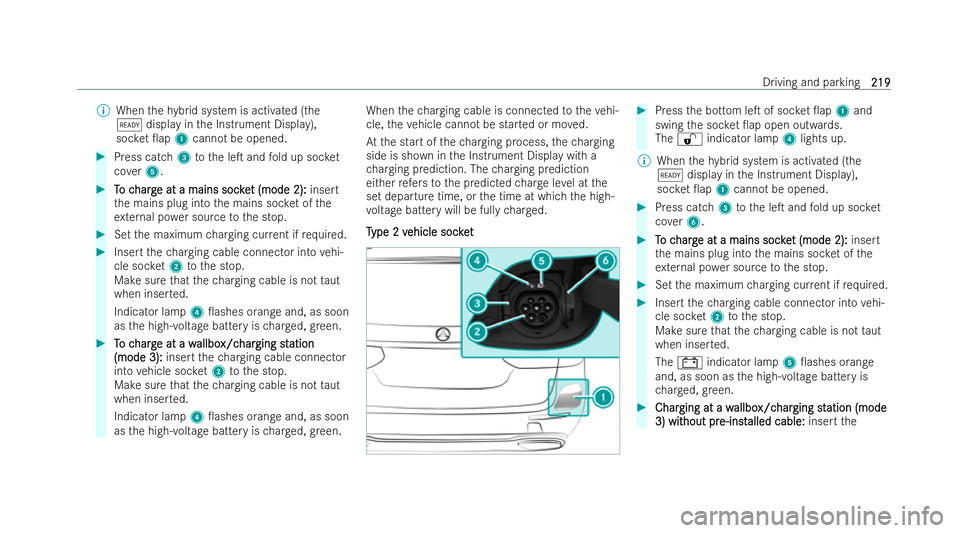 MERCEDES-BENZ E-CLASS ESTATE 2021 Owners Manual %
When thehy brid system is activated (the
õ display in the Instrument Display),
soc ket 0ap 1cannot be opened. #
Press catch 3tothe leT and fold up soc ket
co ver5. #
T
To c
o c harg
harg e at a m MERCEDES-BENZ E-CLASS ESTATE 2021 Owners Manual %
When thehy brid system is activated (the
õ display in the Instrument Display),
soc ket 0ap 1cannot be opened. #
Press catch 3tothe leT and fold up soc ket
co ver5. #
T
To c
o c harg
harg e at a m