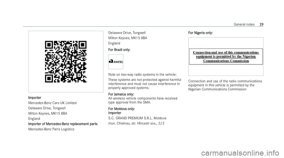 MERCEDES-BENZ E-CLASS ESTATE 2021  Owners Manual Im
Im
port
port er
er
Mercedes-Benz Cars UK Limi ted
Dela wareDrive, Tongwell
Milton Keynes, MK15 8BA
England
Im Im port
port er of Mer
er of Mer cedes-Benz r
cedes-Benz r eplacement par
eplacement pa