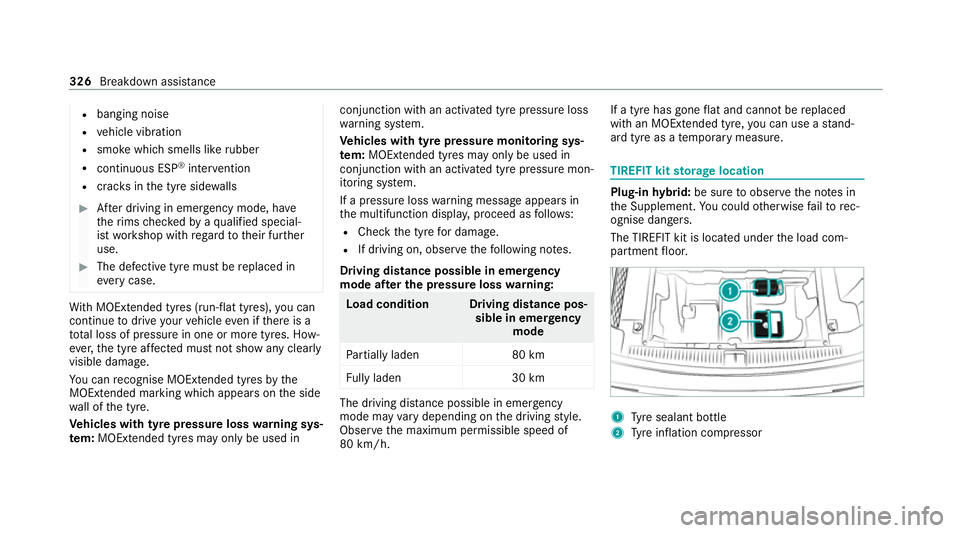 MERCEDES-BENZ E-CLASS ESTATE 2020 Owners Manual R
banging noise
R vehicle vibration
R smoke which smells like rubber
R continuous ESP ®
inter vention
R crac ksinthe tyre side walls #
After driving in emergency mode, ha ve
th erims checkedby aqu al MERCEDES-BENZ E-CLASS ESTATE 2020 Owners Manual R
banging noise
R vehicle vibration
R smoke which smells like rubber
R continuous ESP ®
inter vention
R crac ksinthe tyre side walls #
After driving in emergency mode, ha ve
th erims checkedby aqu al